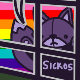 A drawing of Mac, a purple fox plushie, looking through a window. They are wearing a black shirt that says "SICKOS." The background is the Gilbert Baker pride flag.