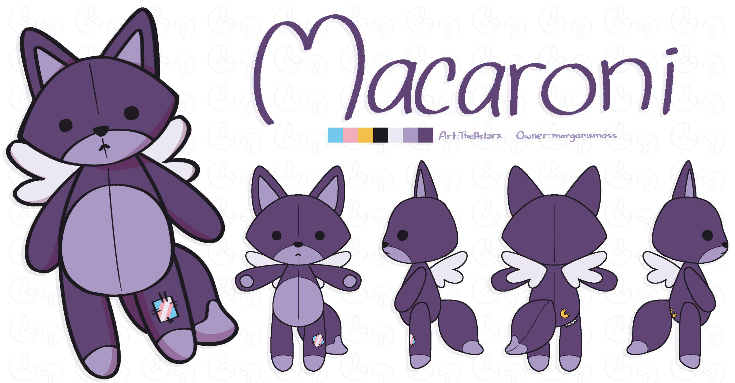 Macaroni Reference! A reference sheet of Macaroni, a purple fox plushie. Mac has cream-colored wings, a torn butt tag, and a yellow macaroni noodle emblem on their right flank. They have a blue, pink, and white patch sewn on their left knee.